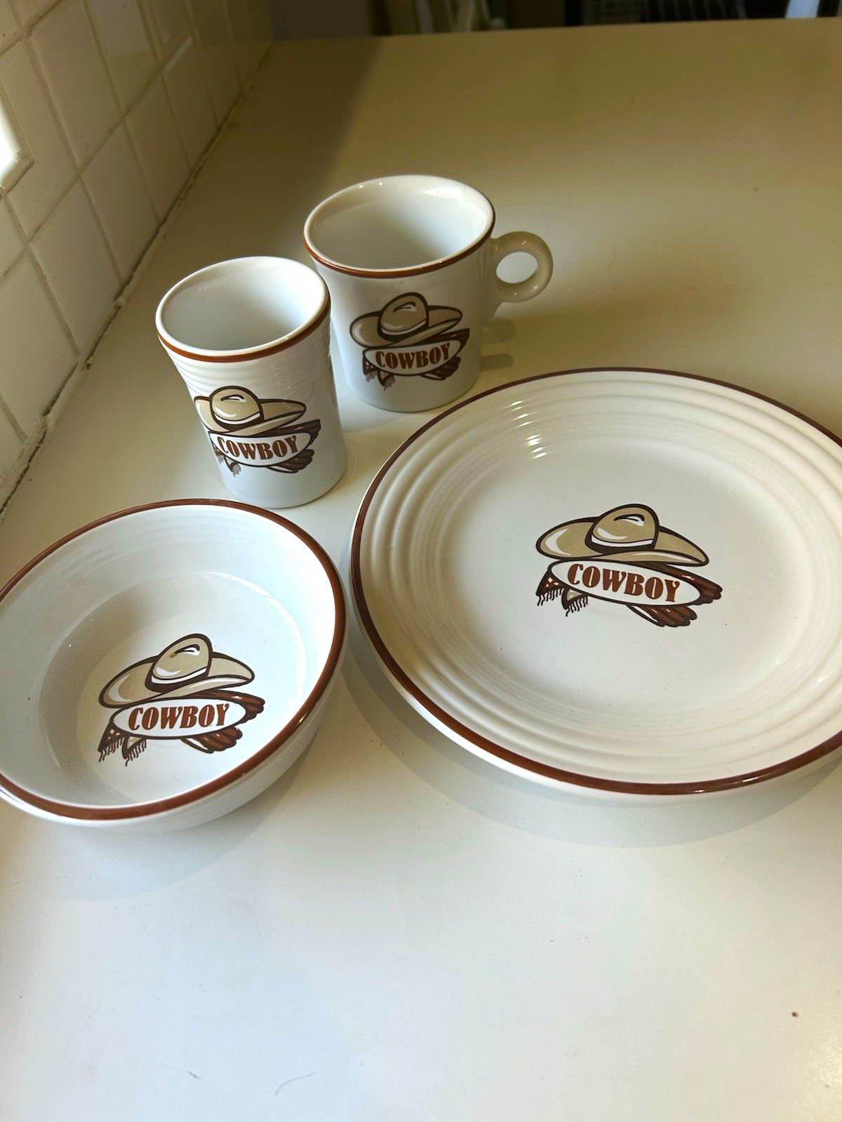Fiestaware Cowboy 4 pc Set Plate Bowl Mug & Tumbler RARE Fiestaware Cowboy 4 pc Set Plate Bowl Mug & Tumbler RARE