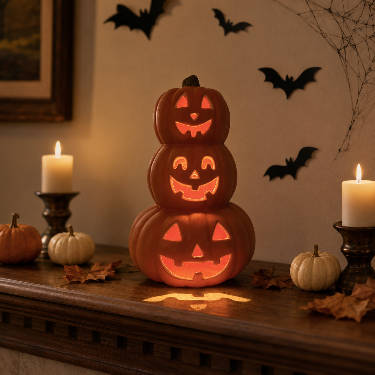 USED Stacked Jack-O’-Lantern Pumpkin Decoration–3-Tier Light-Up Halloween Gourd