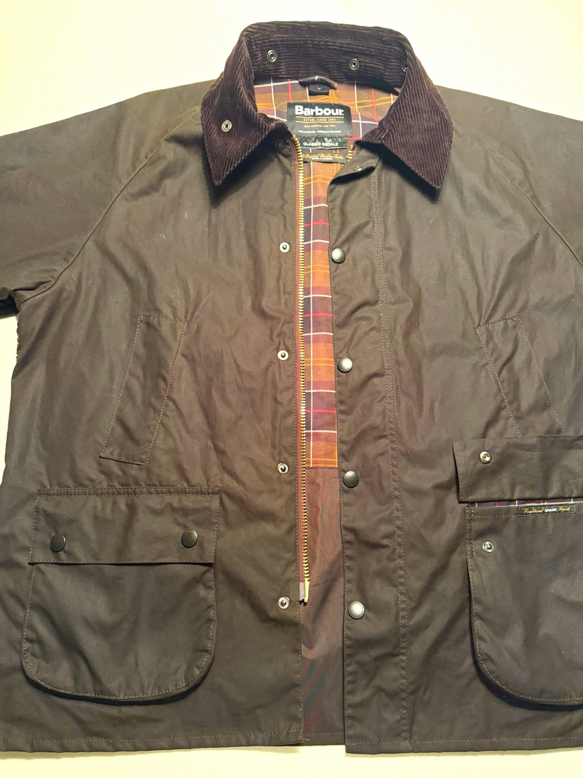 Barbour Waxed Brown Men\'s Jacket Size 46 Cotton Lined Mid-Length Zip/Button Barbour Waxed Brown Men\'s Jacket Size 46 Cotton Lined Mid-Length Zip/Button