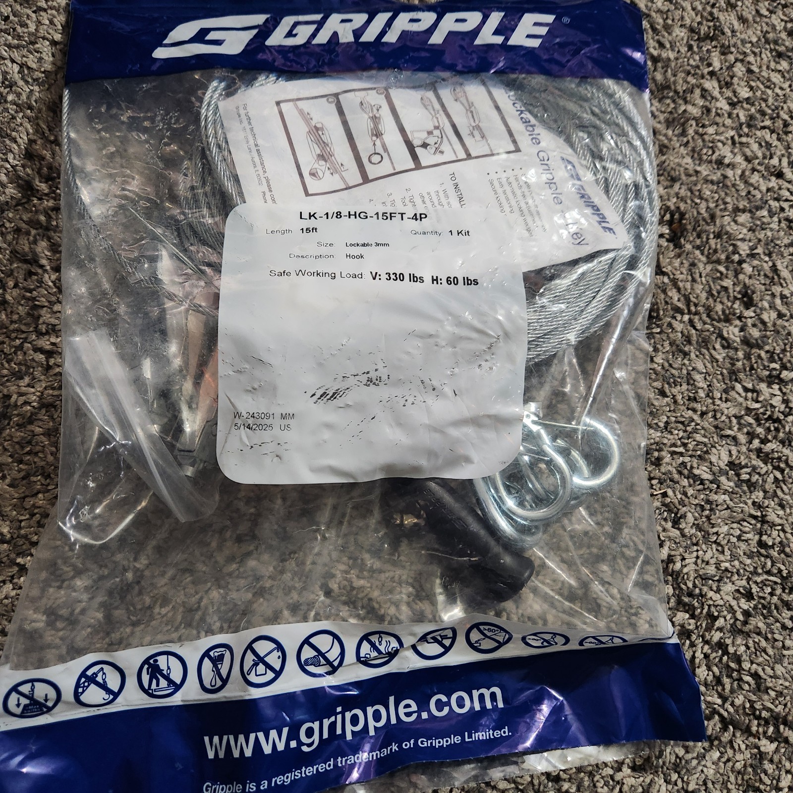 NEW Gripple LK-1/8-HG-15FT-4P Lockable 3mm Hook V 330 Lbs. H 60 Lb. NEW