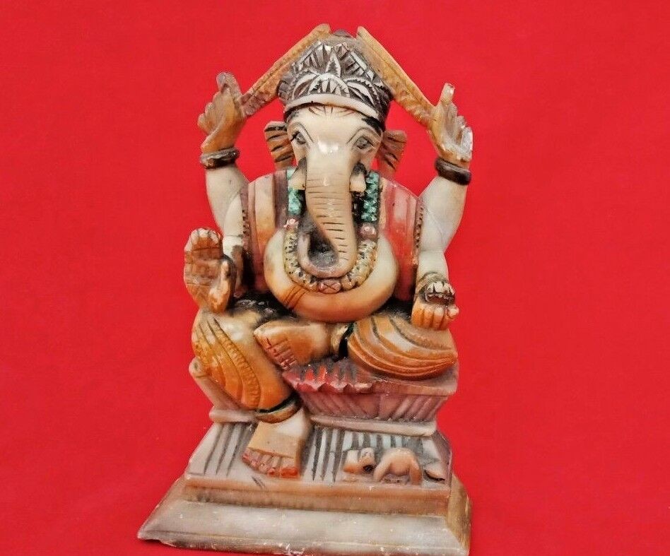 Vintage Handcrafted Marble Ganesha Statue: Carved & Painted Home Decor