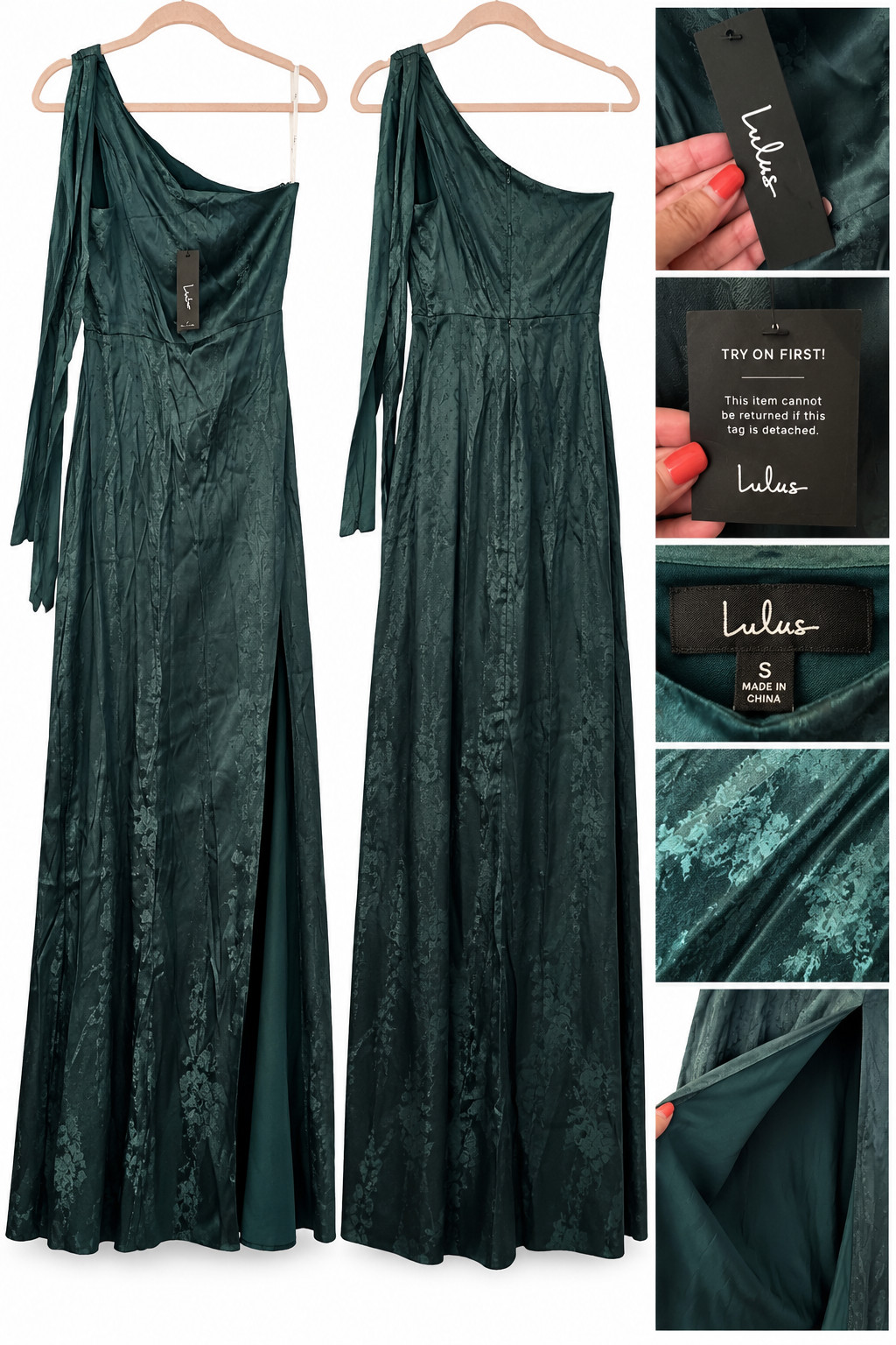 Lulus Womens S Dark Green Floral Jacquard One Shoulder Maxi Gown Dress NWT