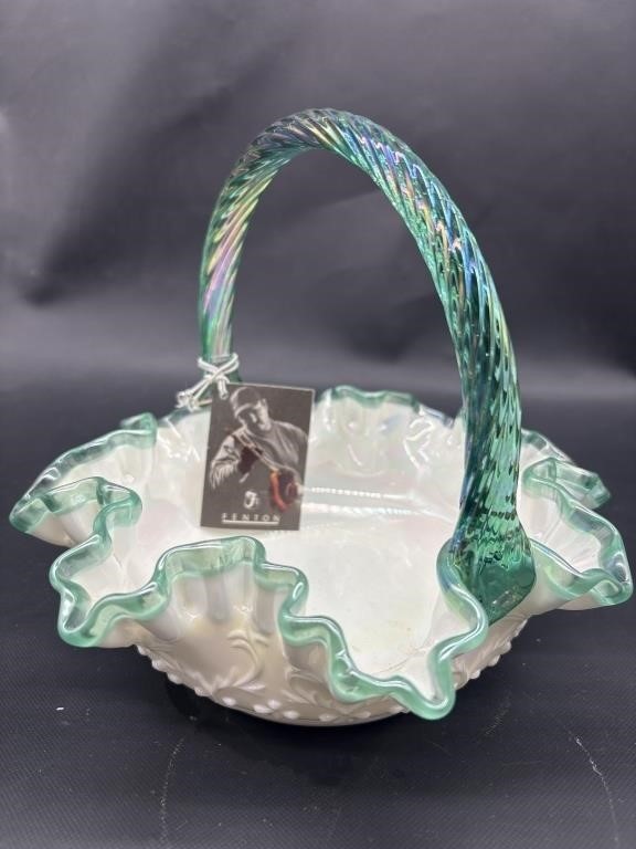 Fenton Spanish Lace Milk Glass Basket w/ Teal Fenton Spanish Lace Milk Glass Basket w/ Teal