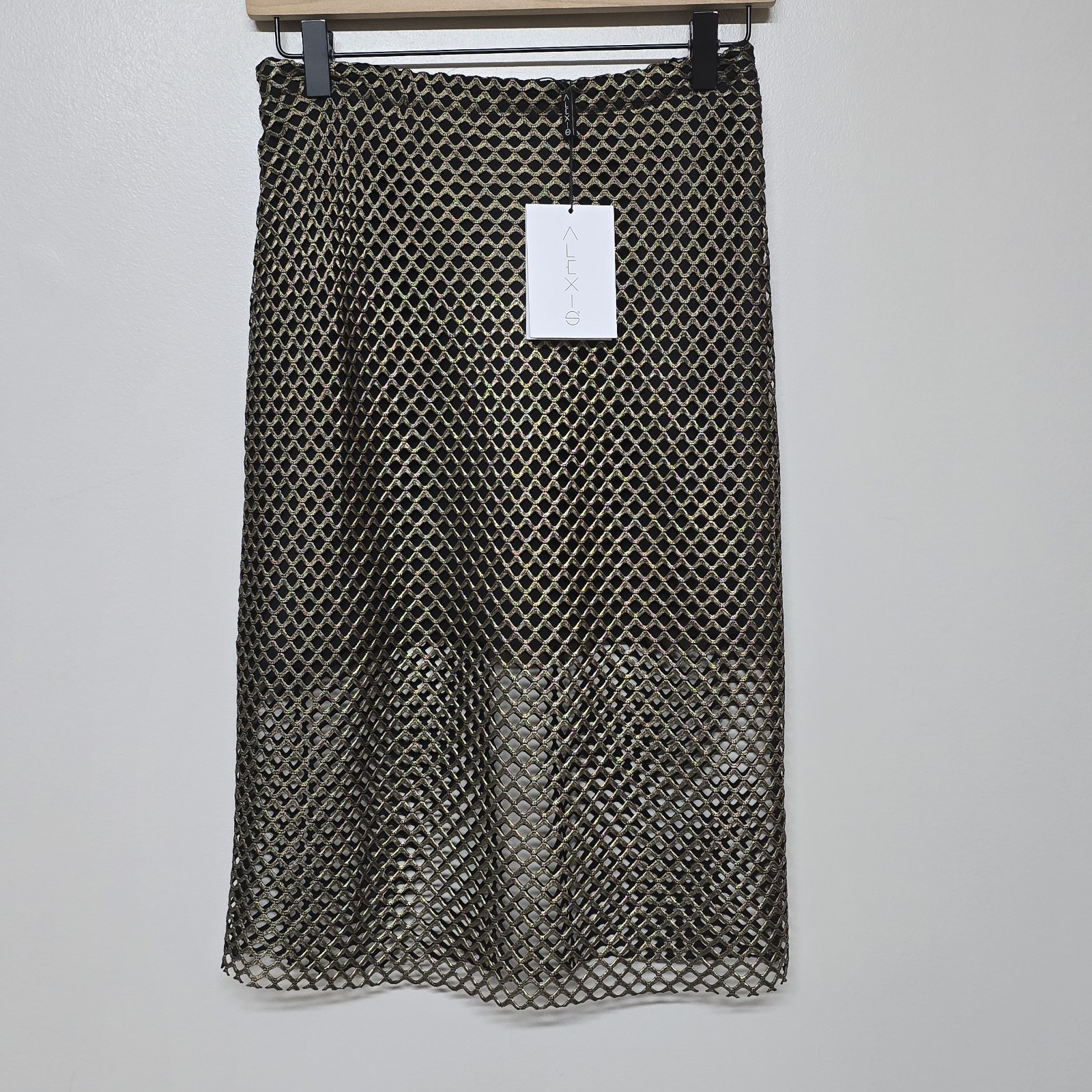 Alexis Larissa Lace Pencil Skirt Gold Metallic Mesh Black Lined Size Small NWT