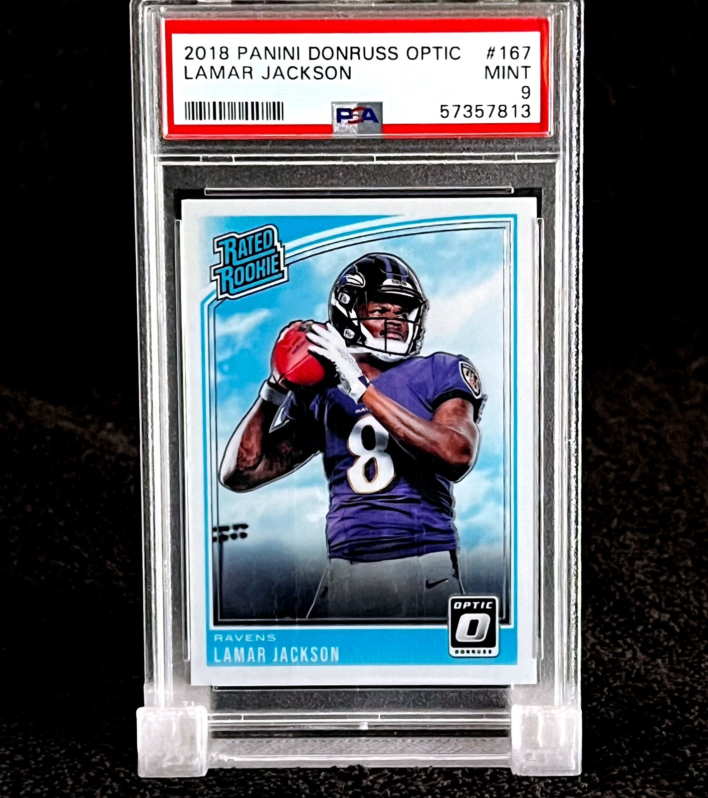 2018 LAMAR JACKSON • PSA 9 MINT • RC RATED ROOKIE #167 • PANINI DONRUSS OPTIC