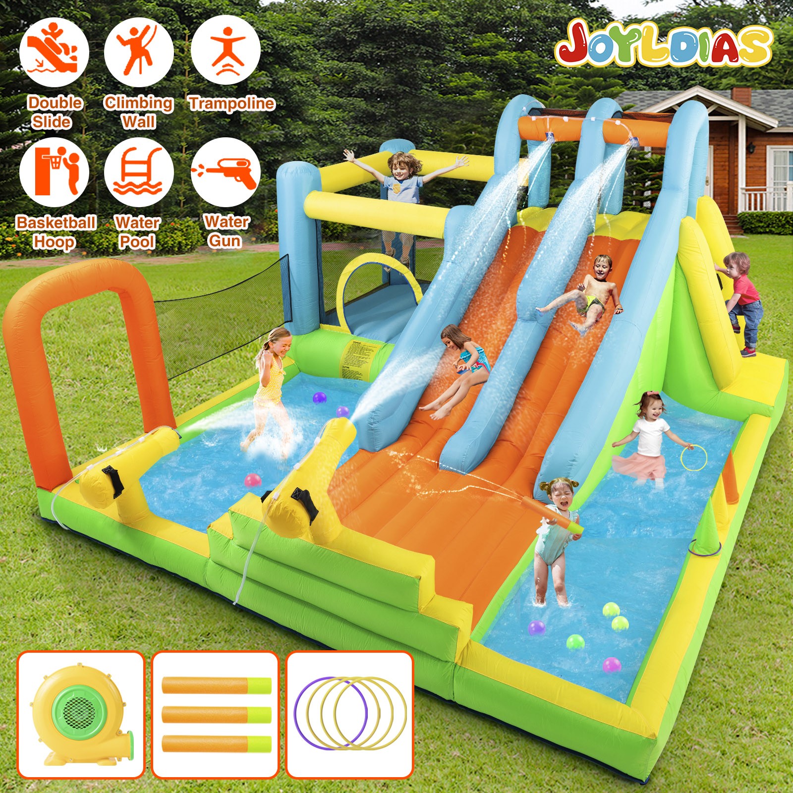 Kids Inflatable Double Water Slide Bounce House Splash Pool Outdoor Fun w/Blower Kids Inflatable Double Water Slide Bounce House Splash Pool Outdoor Fun w/Blower