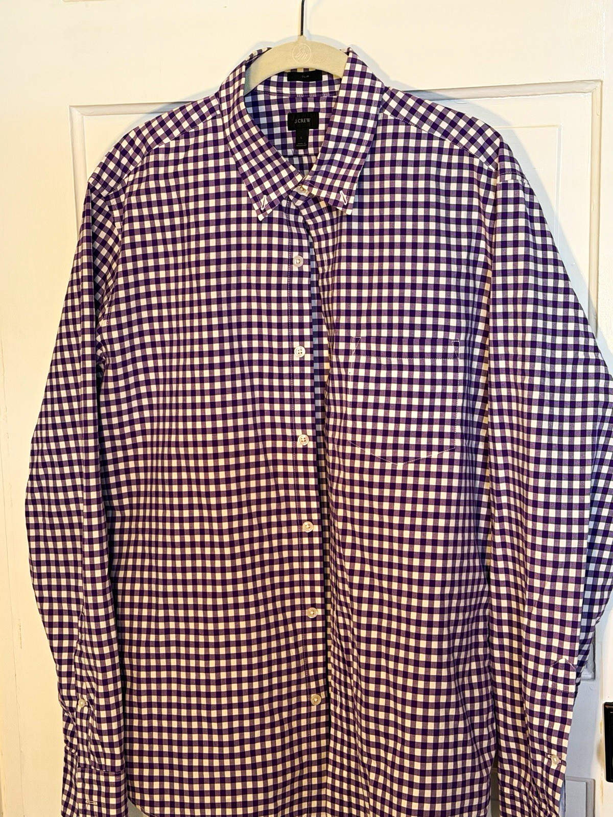 J.CREW Men\'s Slim Fit Purple/White Gingham Long Slv button downCollar Shirt L J.CREW Men\'s Slim Fit Purple/White Gingham Long Slv button downCollar Shirt L