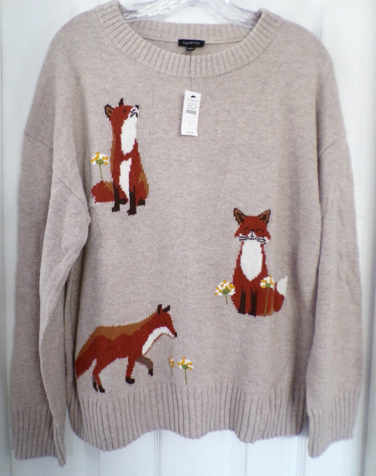 NWT NEW FALL TALBOTS LARGE FOX CREWNECK SWEATER TAN HEATHER MULTI $139.00