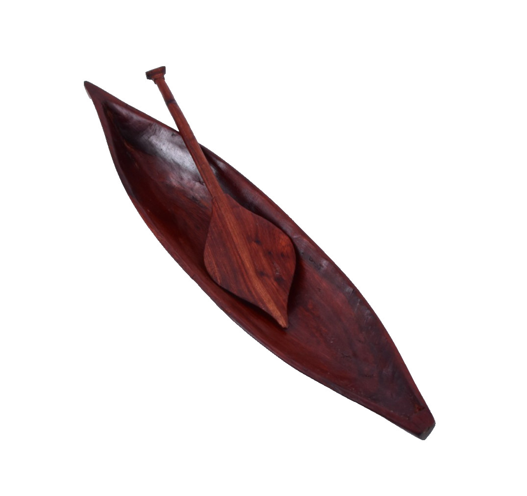 Vintage Dark Wood Miniature Canoe And Oar 12” Hand Carved Native American