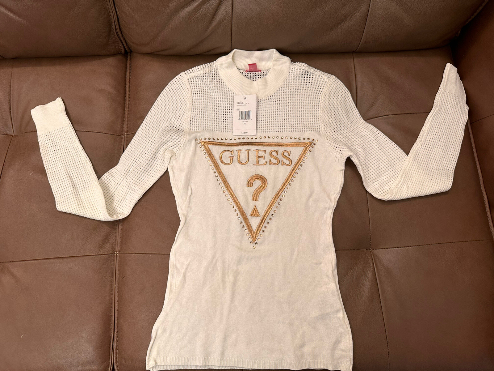 Guess Pamela Crystals Logo Mock Neck Knit Sweater Top Pullover Ivory/Milk XS Nwt