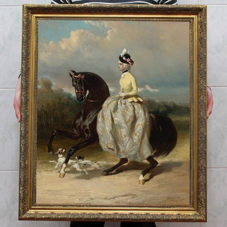 Old Master-Art Antique Oil Painting Portrait horse dog lady on canvas 24\ Old Master-Art Antique Oil Painting Portrait horse dog lady on canvas 24\