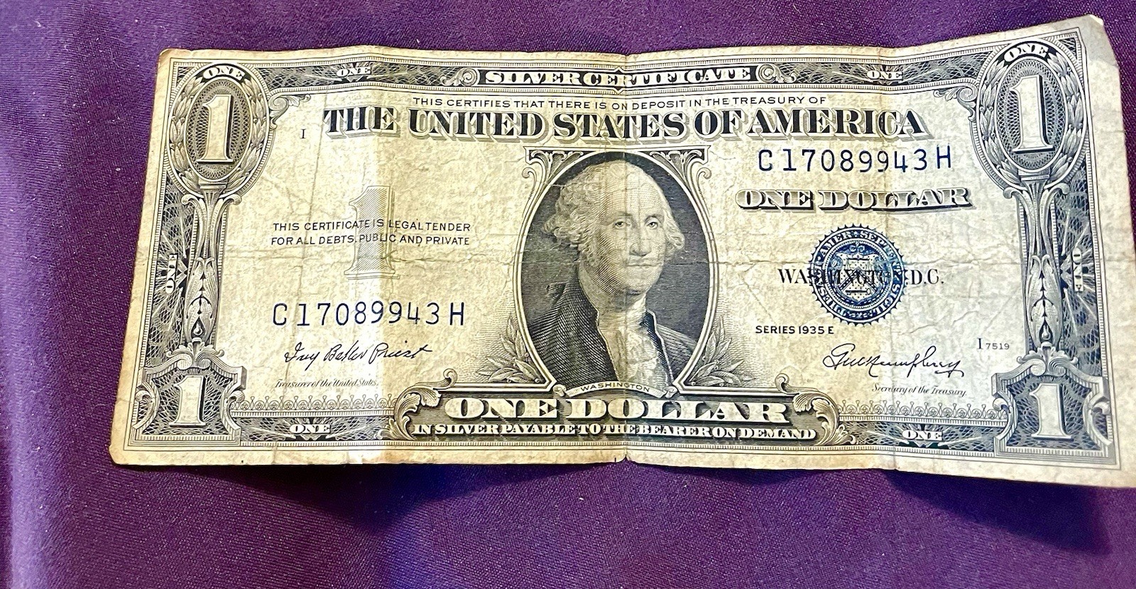 1935 E Series Silver Certificate With Printing Error. Reduced