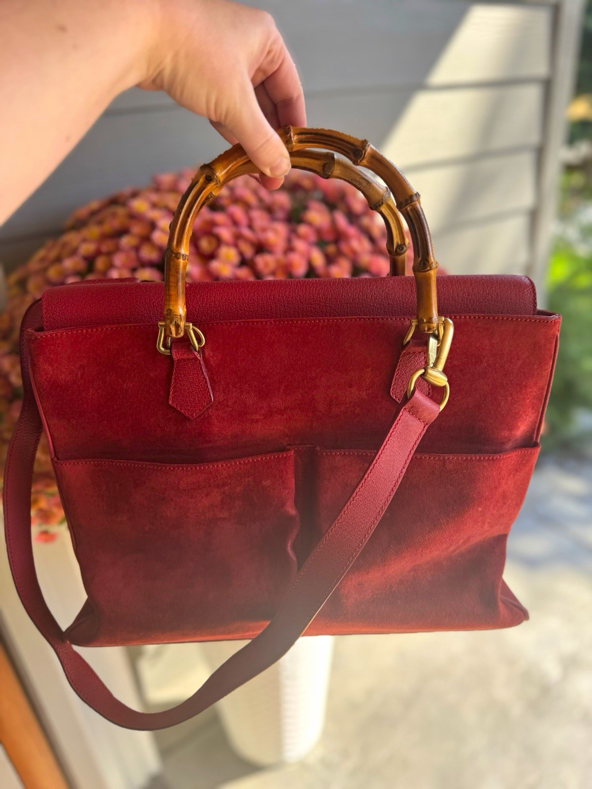 Vintage 1990’s Gucci Suede Bamboo Top Handle Two Way Bag