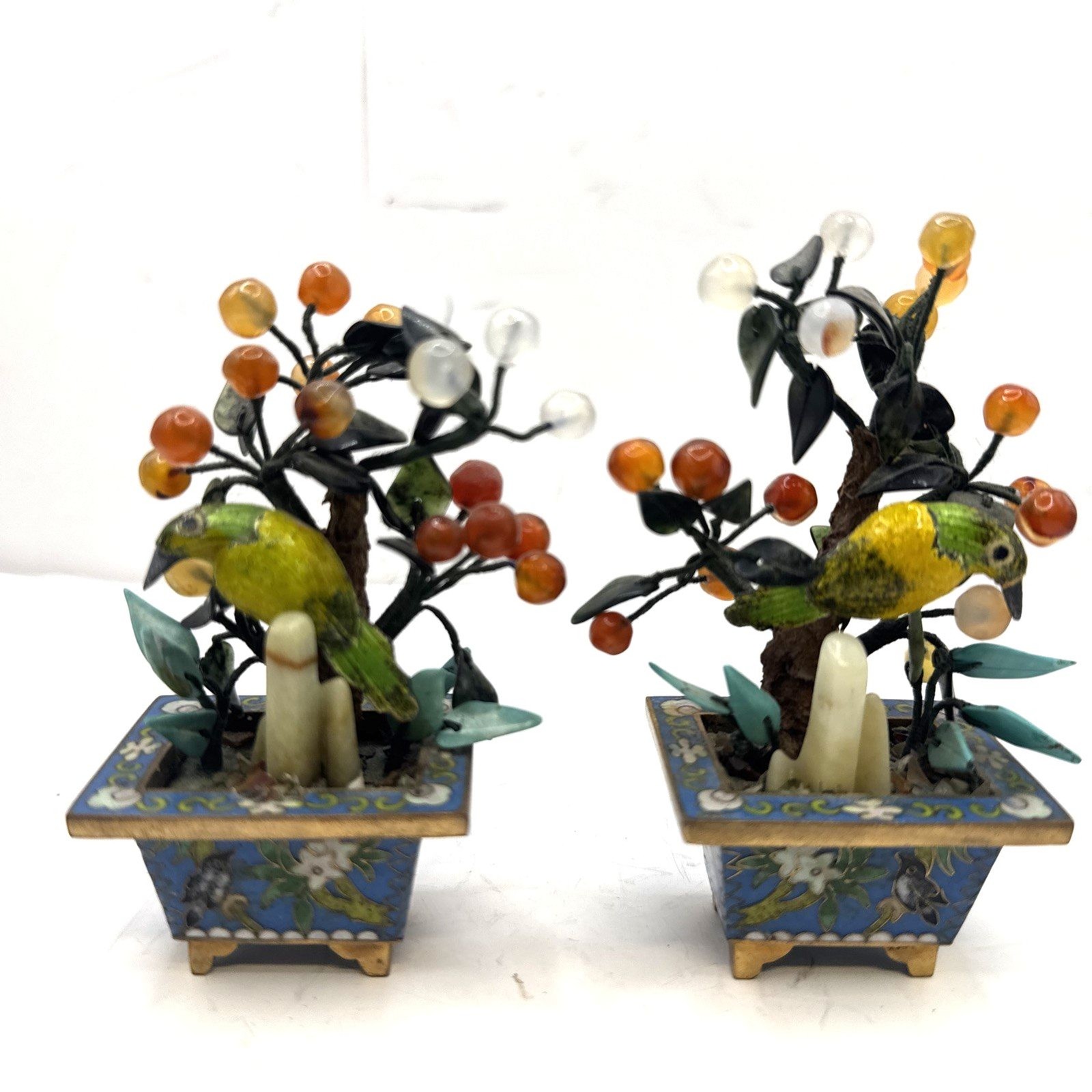 Pair of Antique 20th c. Chinese Parrot, Turquoise Agate Flower Bonsai Tree Pair of Antique 20th c. Chinese Parrot, Turquoise Agate Flower Bonsai Tree