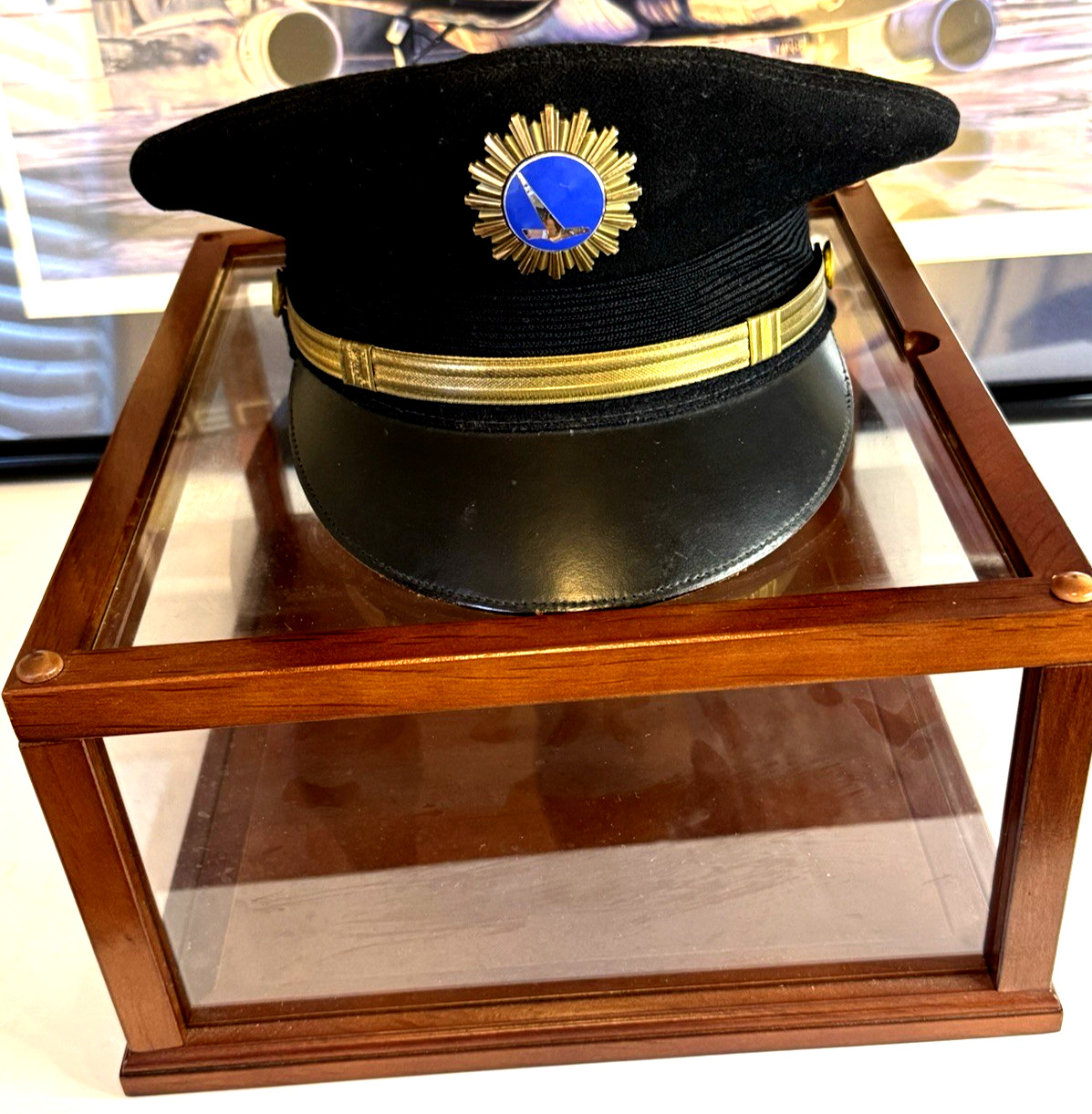 VTG. Eastern Airlines Pilot Uniform Hat w Enamel Badge in a Display Case 1960'S