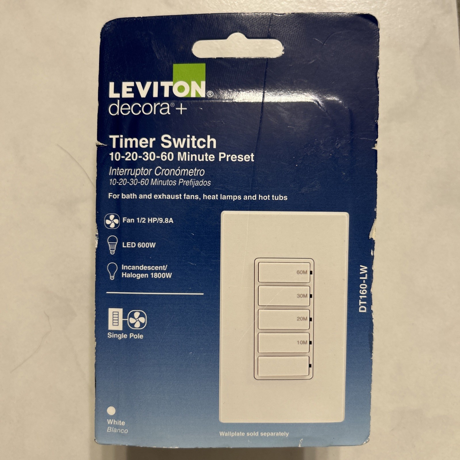 LEVITON Decora+ 10-20-30-60 Minute Preset Timer Switch DT160-LW