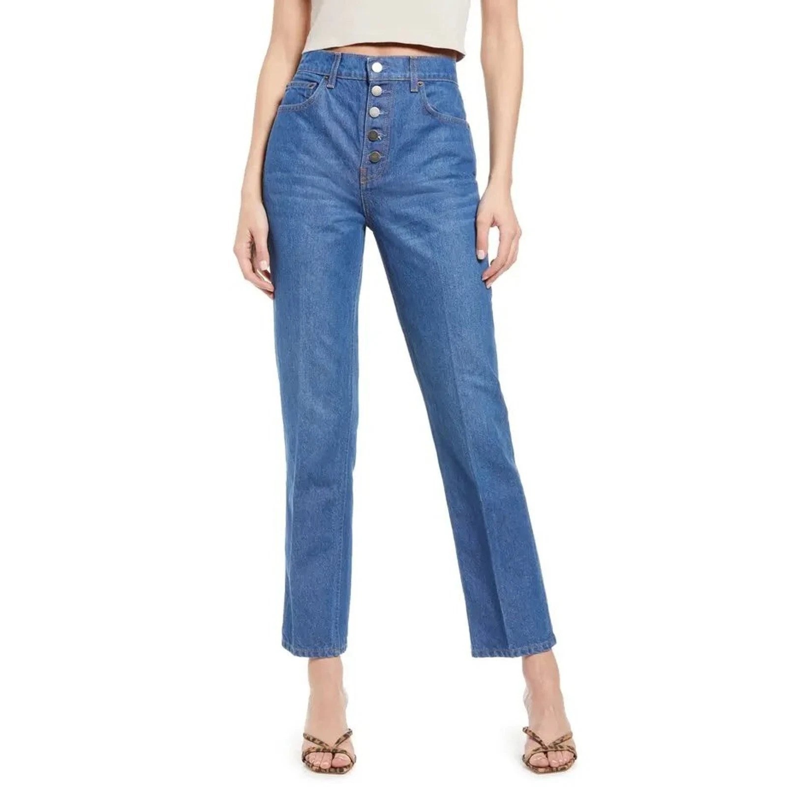 Reformation Cynthia Zenia Blue High Rise Straight Jeans Button Fly Size 28