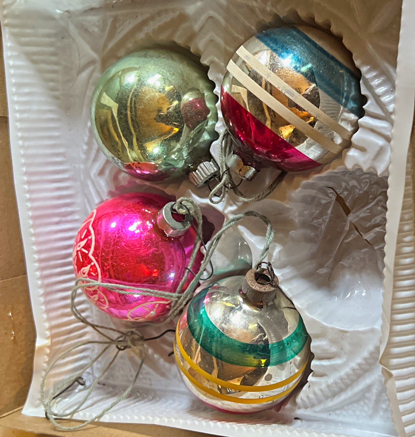 Vintage Made in USA Glass Christmas Ornaments Lot of 4 Stencil Stripe w/ Box Vintage Made in USA Glass Christmas Ornaments Lot of 4 Stencil Stripe w/ Box