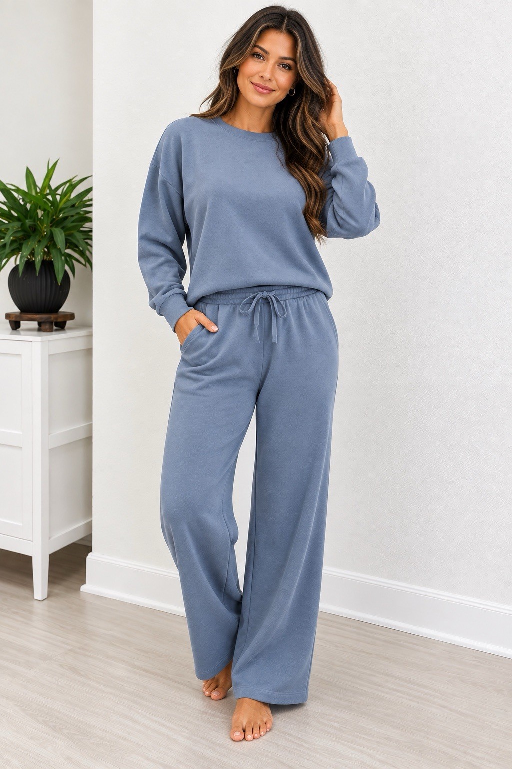Zenana Scuba Crewneck Pullover & Pants Set Size Large 12/14 NEW Sealed Blue Gray