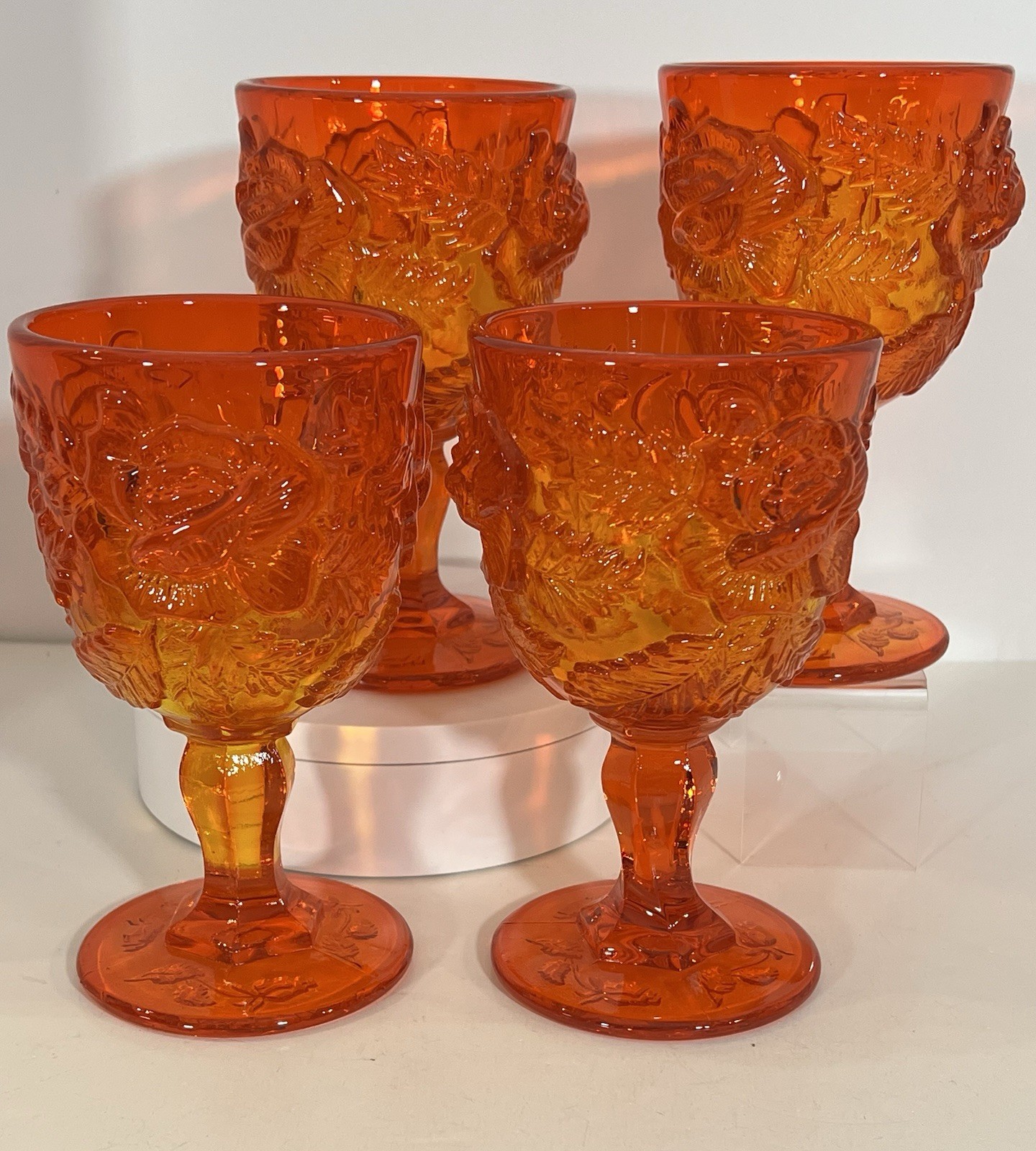 4 Rare Fenton/Wright Madonna Inn Orange Wild Rose Goblet Cadmium Glow MINT