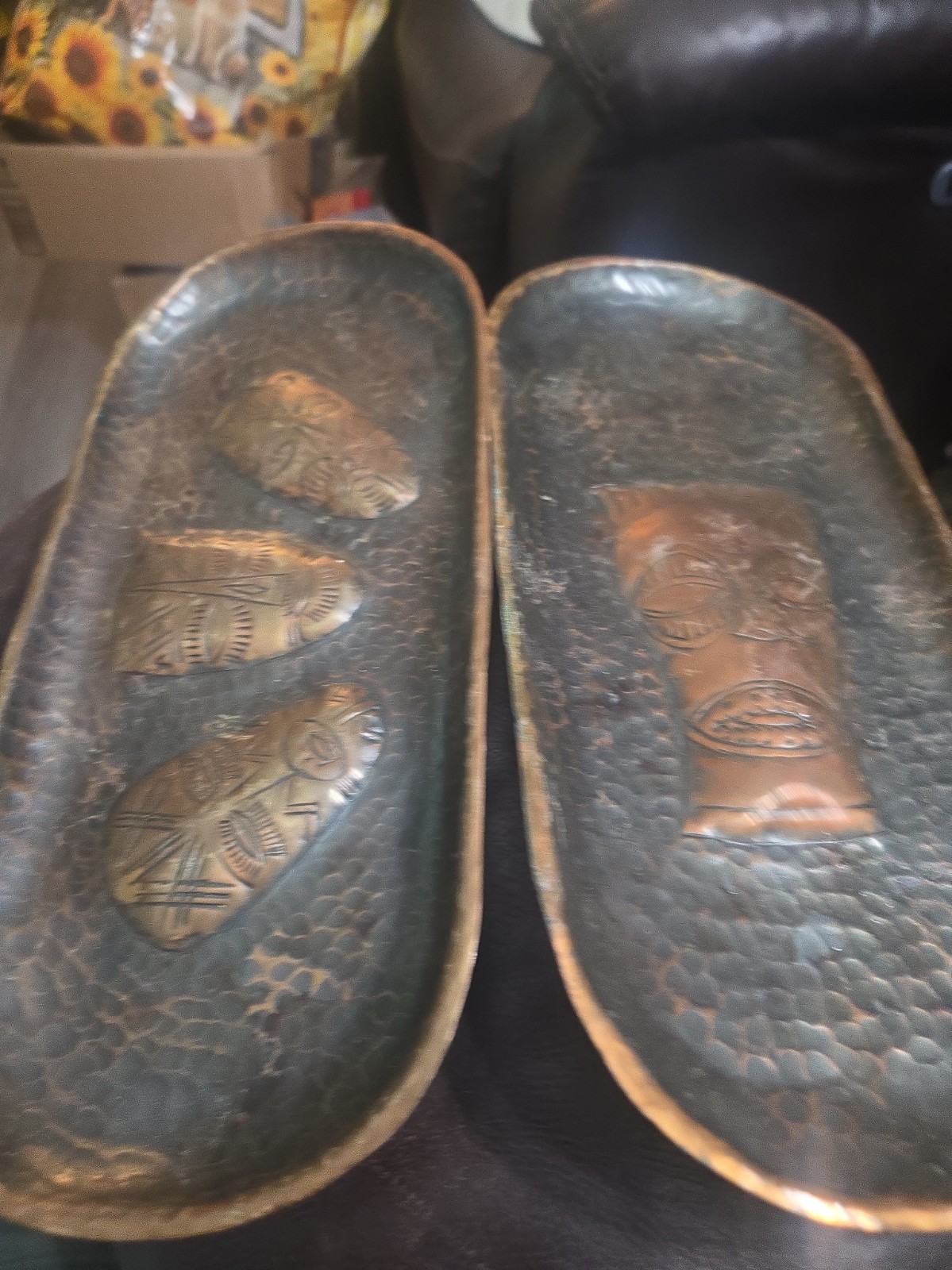 Vtg. Mid Century African  Hammered Copper  Mask Trays- Set Of 2 Colonial14\
