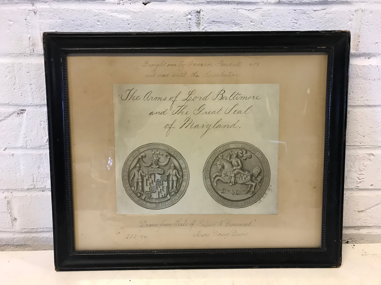 Antique 1876 Maryland Great Seal Drawing Mary Dorsey Davis Purnell Gallery Frame