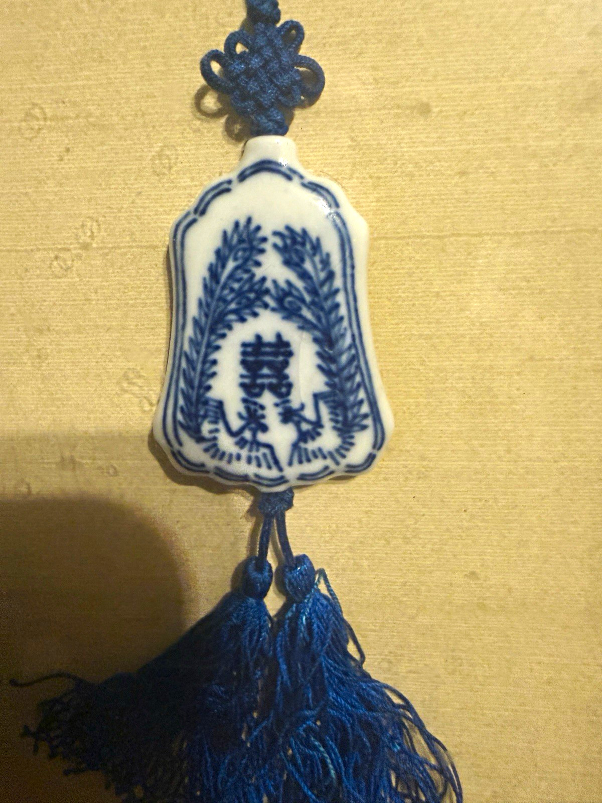 Japanese Blue & White Ceramic Hanging Ornament with Blue Tassel, Framed