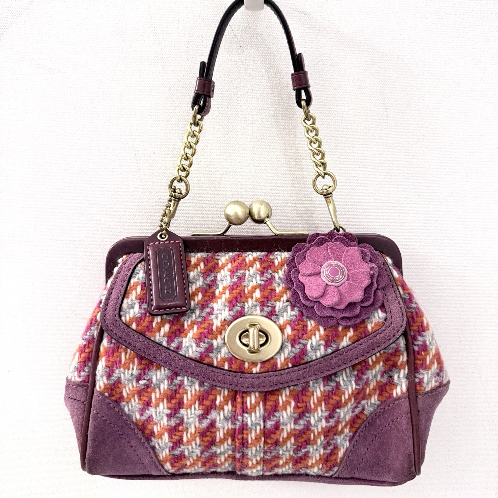 NWOT Coach Houndstooth Purple Tweed Suede Kiss Lock Bag  Purse + Dust Bag