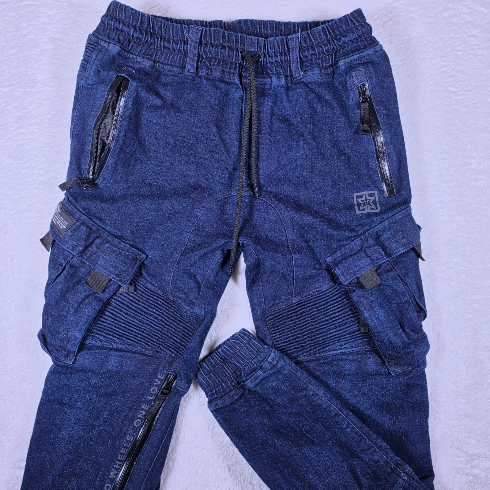 Ride Rich Moto Cargo Jogger Mens XL Blue Denim Jean Joggers Tactical Biker Pants
