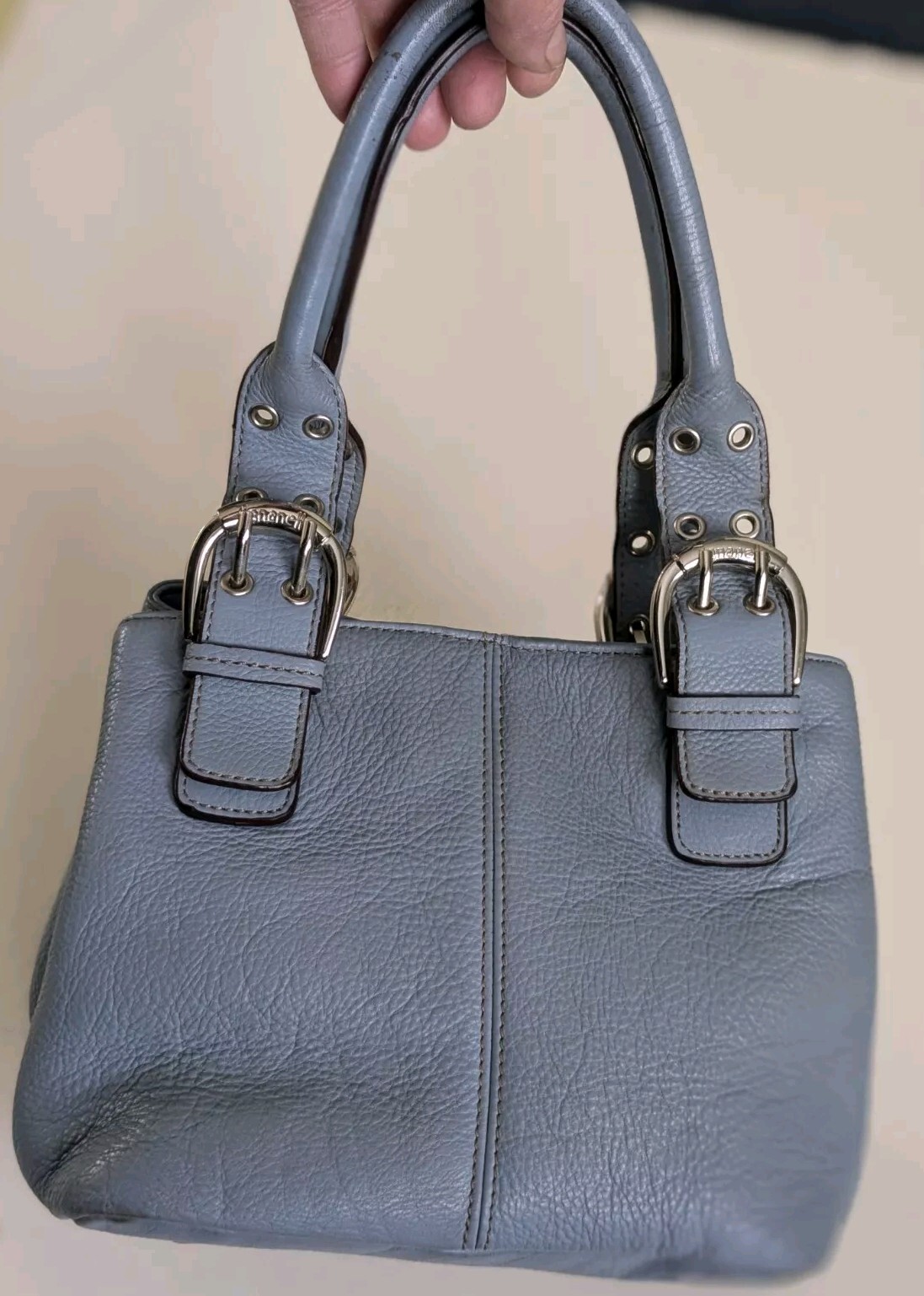 Vintage Tignanello Light Blue / Gray 100% Leather Double Handle Purse Bag 