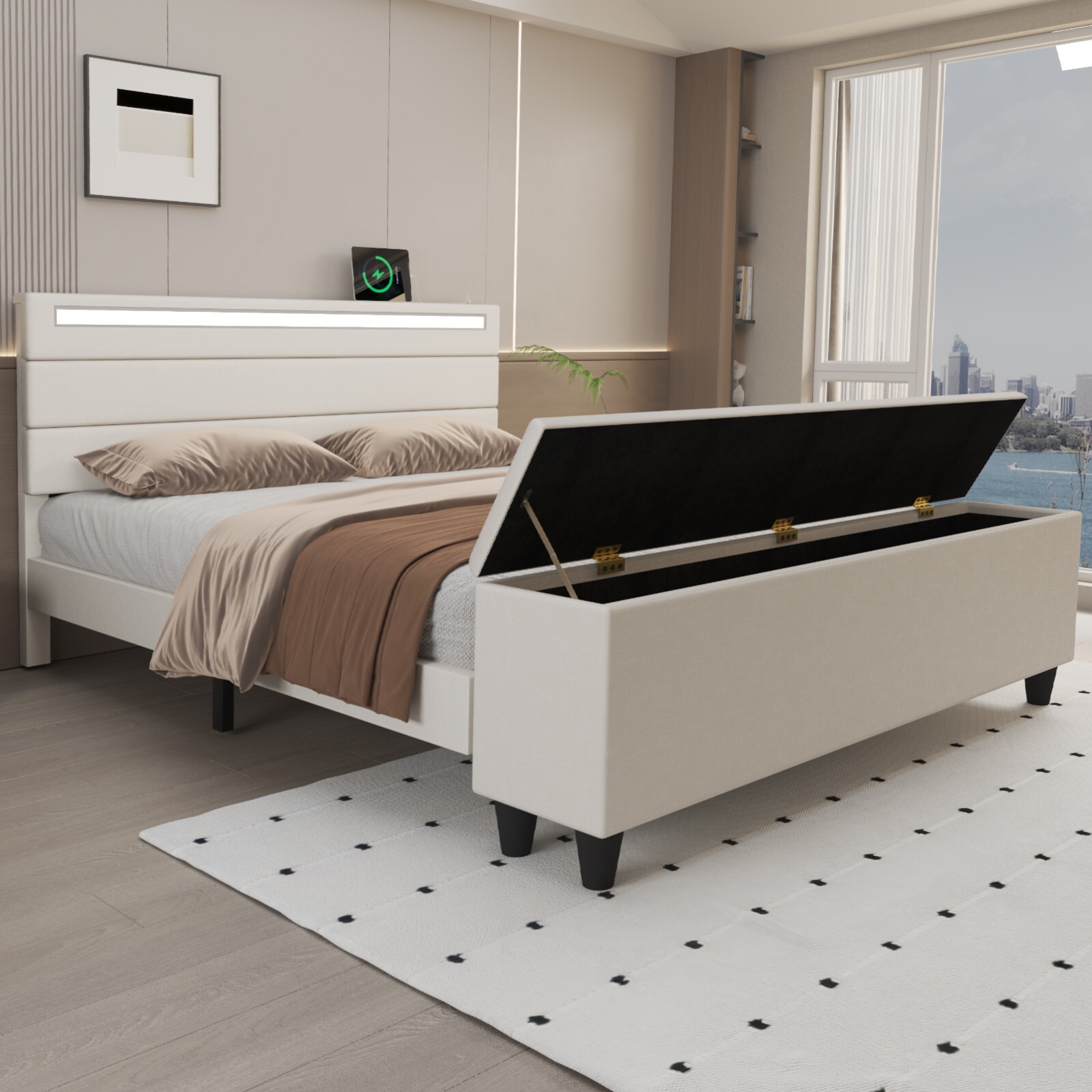 Full/Queen/Bed Frame with Storage/Upholstered Headboard with Charging Station
