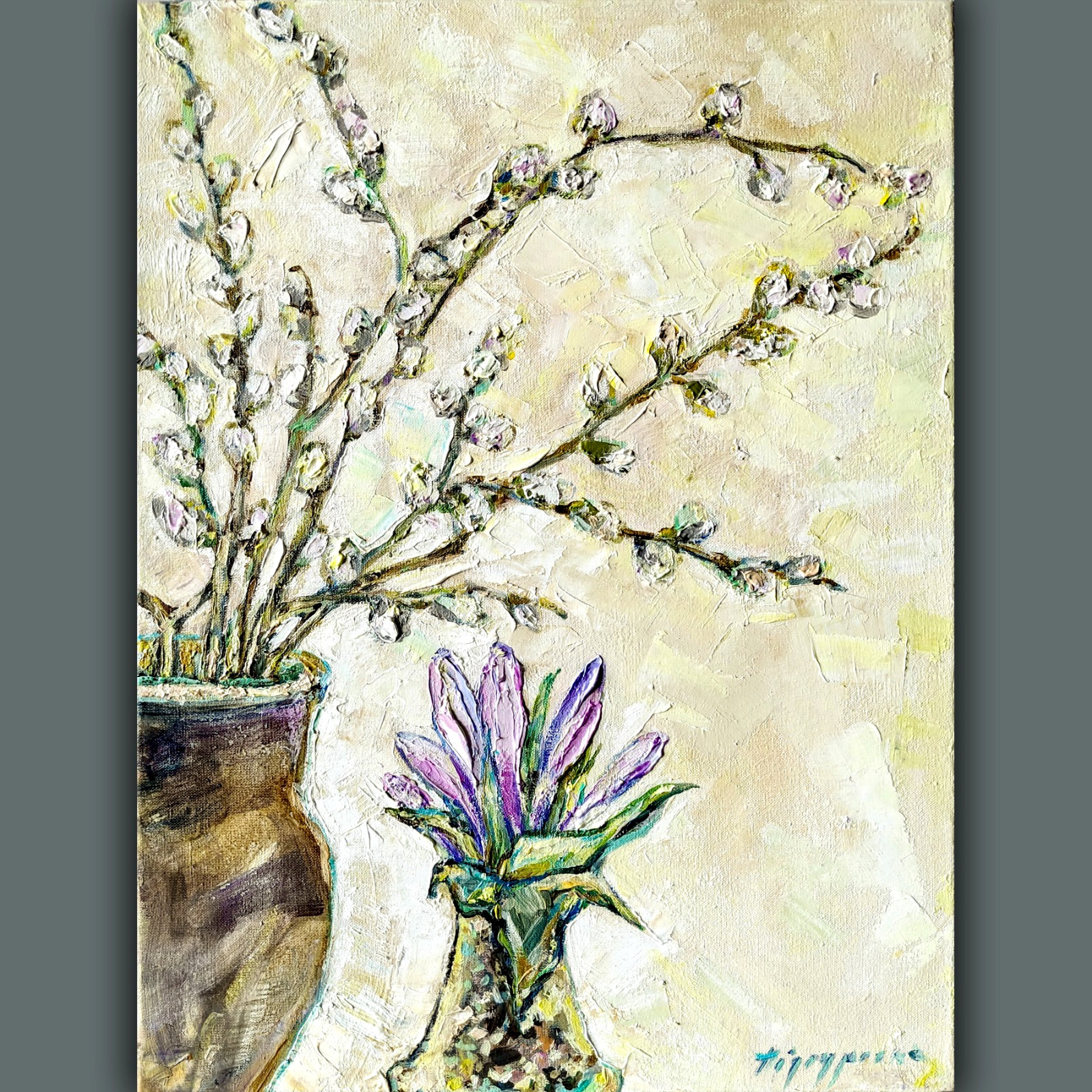 Original Floral Still Life Oil Painting Willow Crocus Cozy Canvas Art 16x12