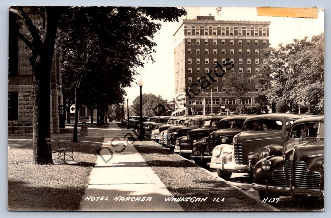 K65/ Waukegan Illinois RPPC Postcard c1940s Hotel Karcher Automobiles  296
