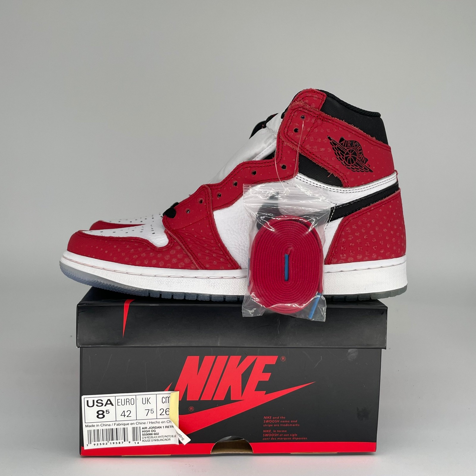 Size 8.5M/10W - Jordan 1 Retro High Spider-Man Origin Story 555088-602 Size 8.5M/10W - Jordan 1 Retro High Spider-Man Origin Story 555088-602