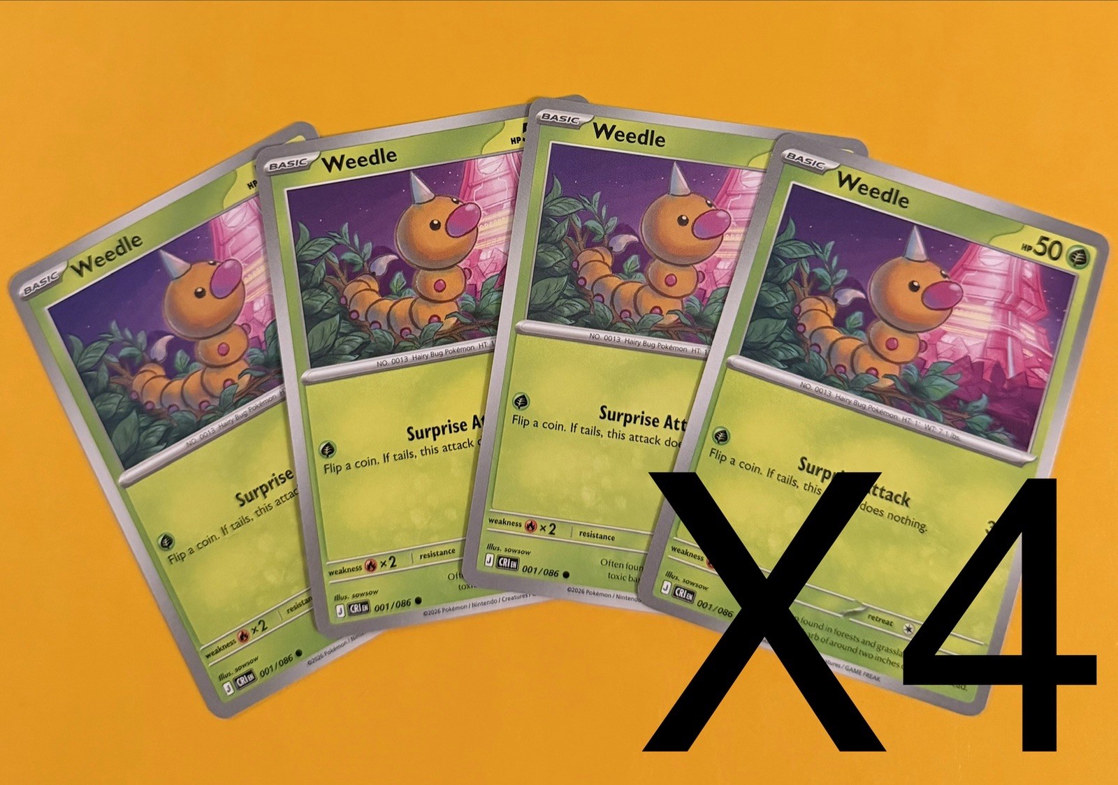Weedle 001/086 x4 Playset 4x Pokemon TCG ME04 Chaos Rising CRI - 4 Card Set