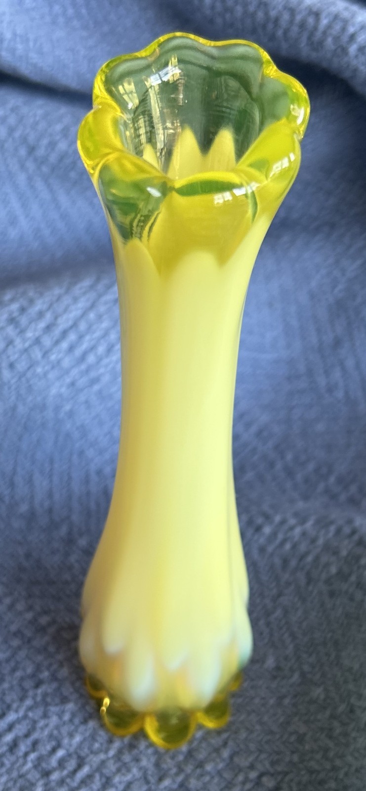 Vintage Fostoria Heirloom yellow opalescent vaseline glass swung bud vase 6 Vintage Fostoria Heirloom yellow opalescent vaseline glass swung bud vase 6