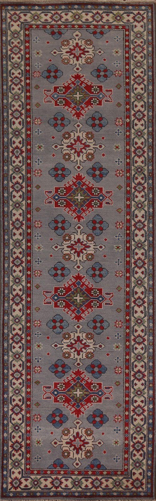 Gray/ Ivory Geometric Super Kazak Oriental Runner Rug 3\'x10\' Wool Hand-knotted