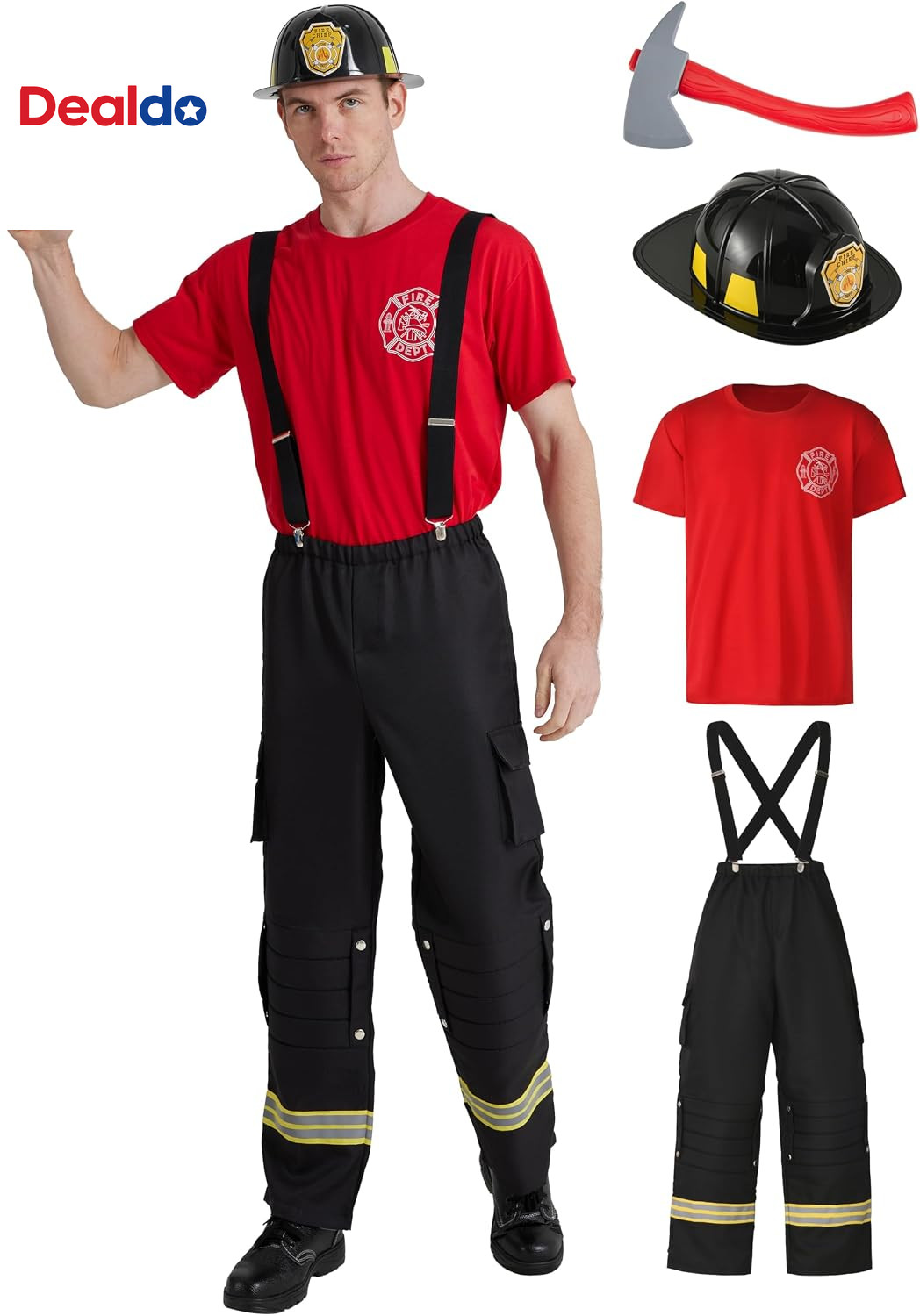 Men\'S Firefighter Costume, 4-Piece Fireman Cosplay Set, Helmet, Accessory Men\'S Firefighter Costume, 4-Piece Fireman Cosplay Set, Helmet, Accessory