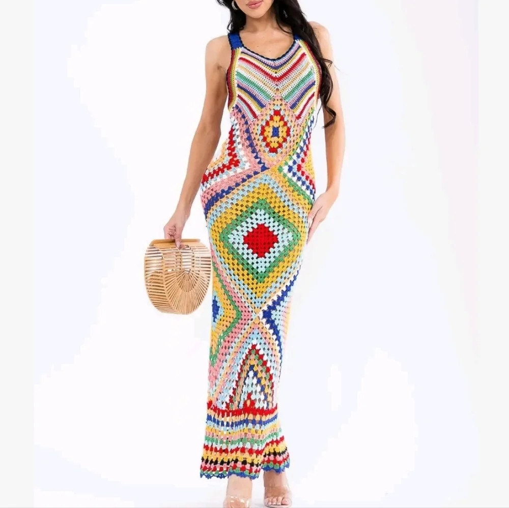 Akira Sleeveless Maxi Dress Elegant Stunning Granny Square Crochet Racerback M