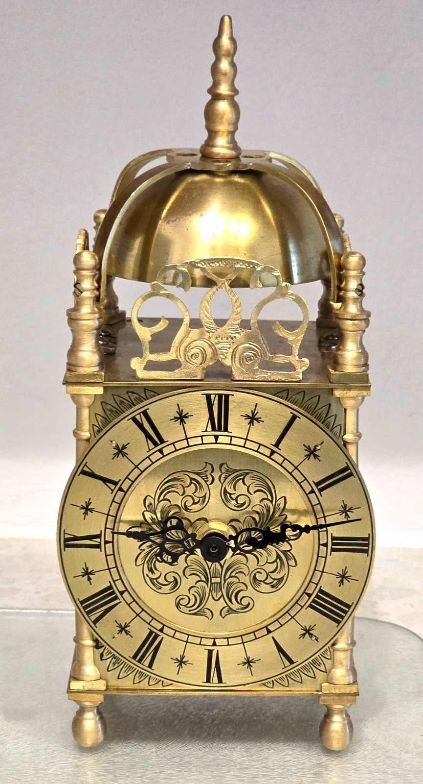 Lantern Clock, vintage, cleaned & restored working well with Quartz movement Lantern Clock, vintage, cleaned & restored working well with Quartz movement