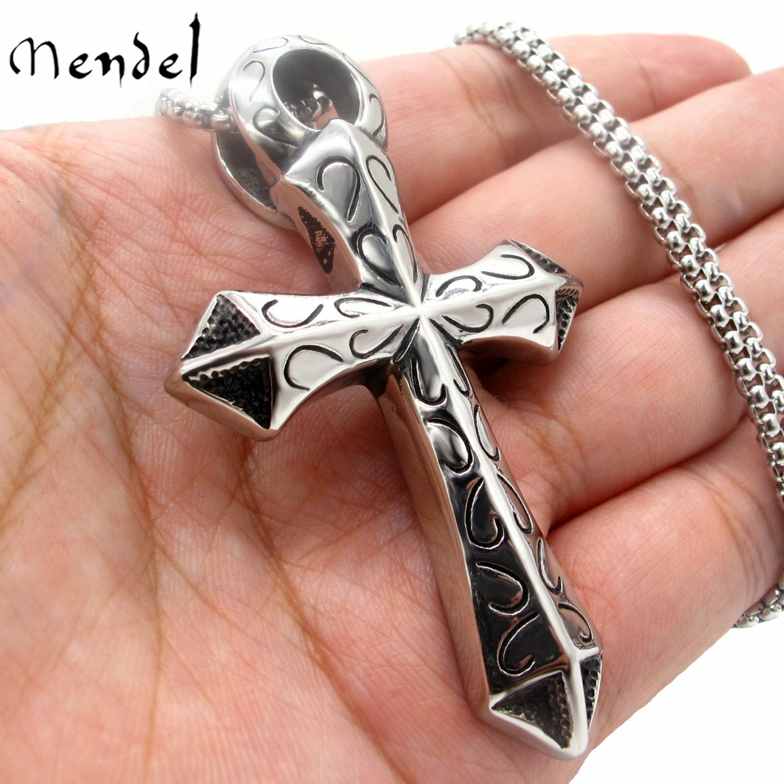 MENDEL Mens Large Egyptian Ankh Cross Pendant Necklace For Men Stainless Steel