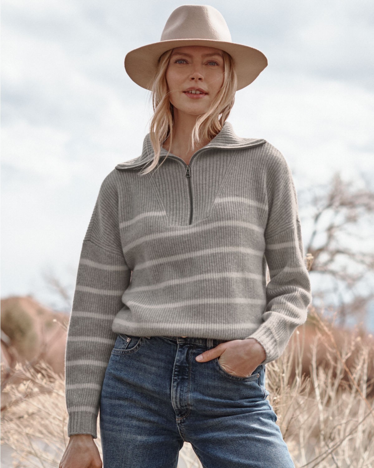 GARNET HILL WASHABLE CASHMERE HALF ZIP SWEATER XS GRAY STRIPE