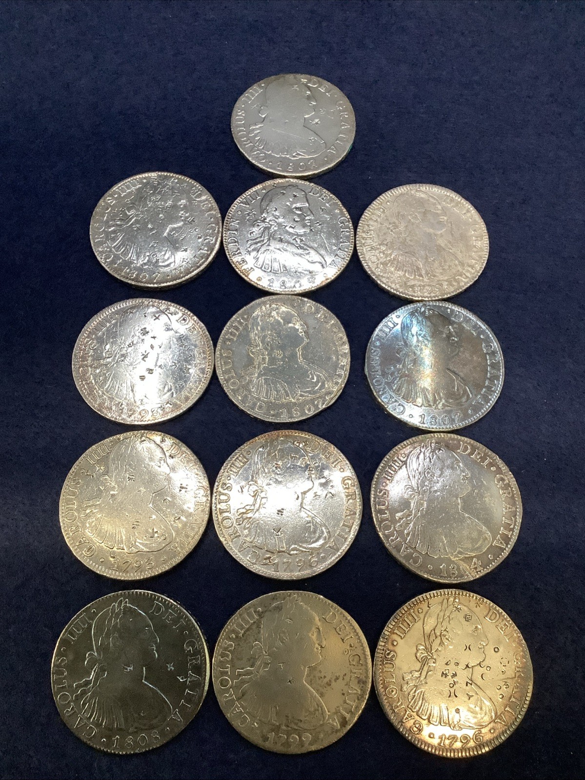 Lot Of 13 Spanish Colonial 8 Reales 1793-1809 Silver Coins With Chop Marks