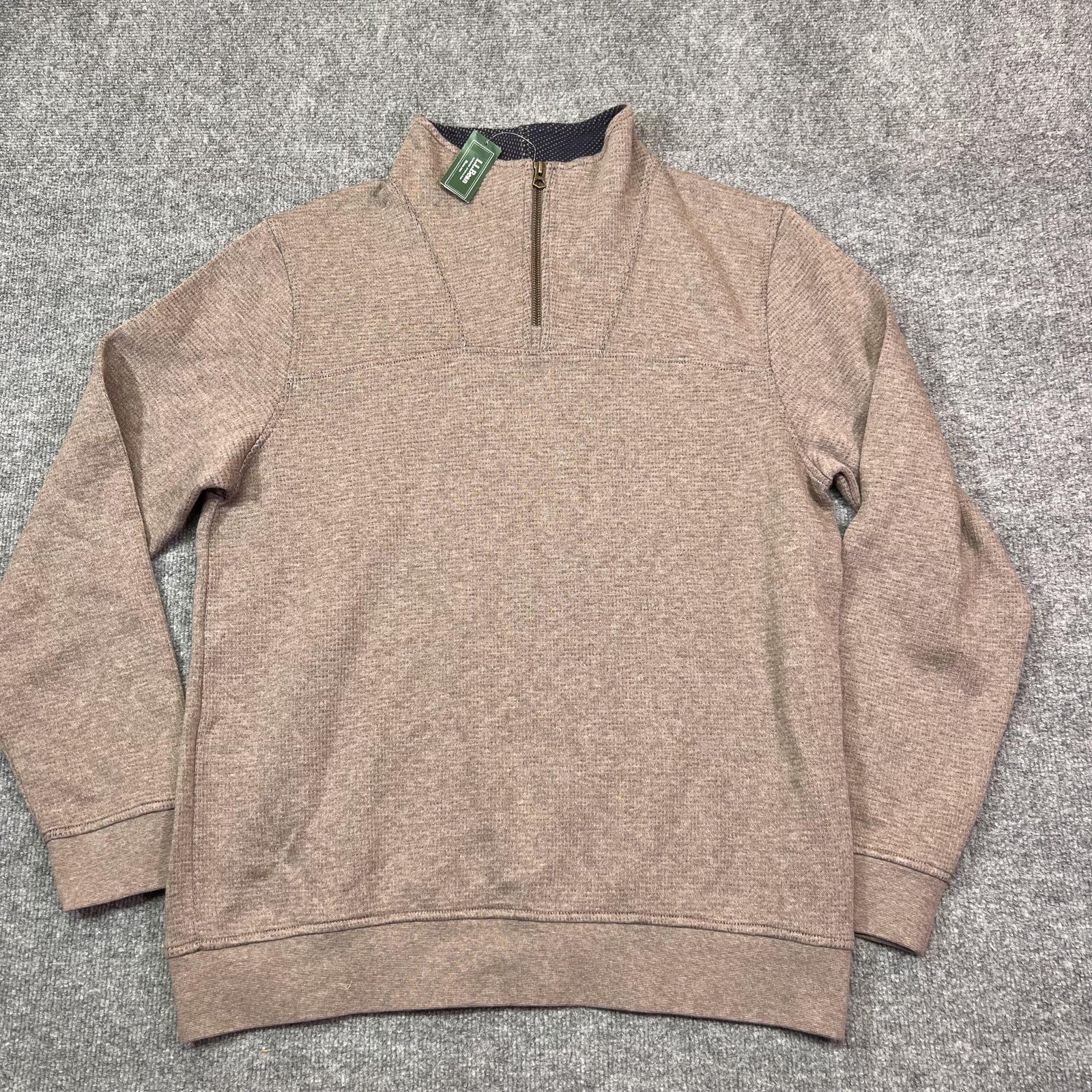L.L.Bean Sweater Mens Medium Beige 1/4 Zip Mock Neck Cotton Textured Knit