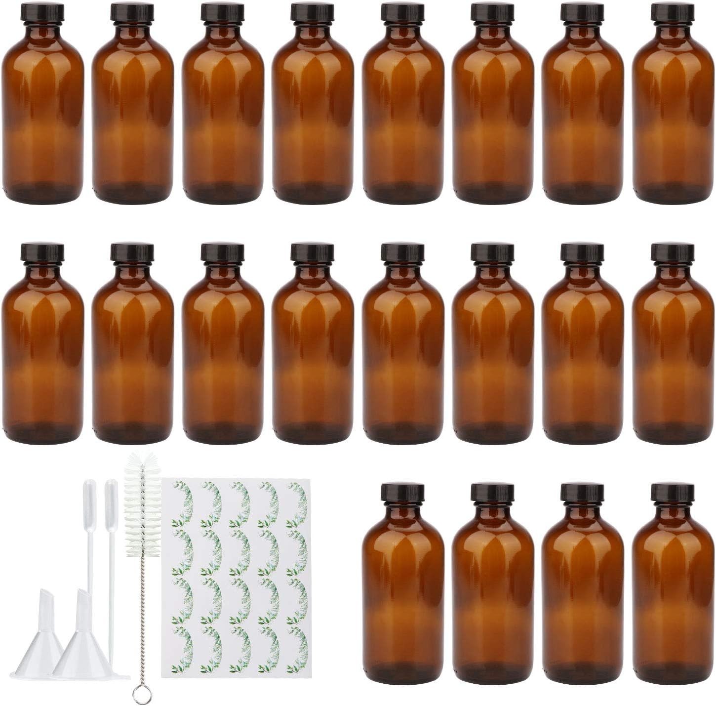 8oz Amber Glass Bottles, 20 Pack Glass Storage Bottles with Black Lids 