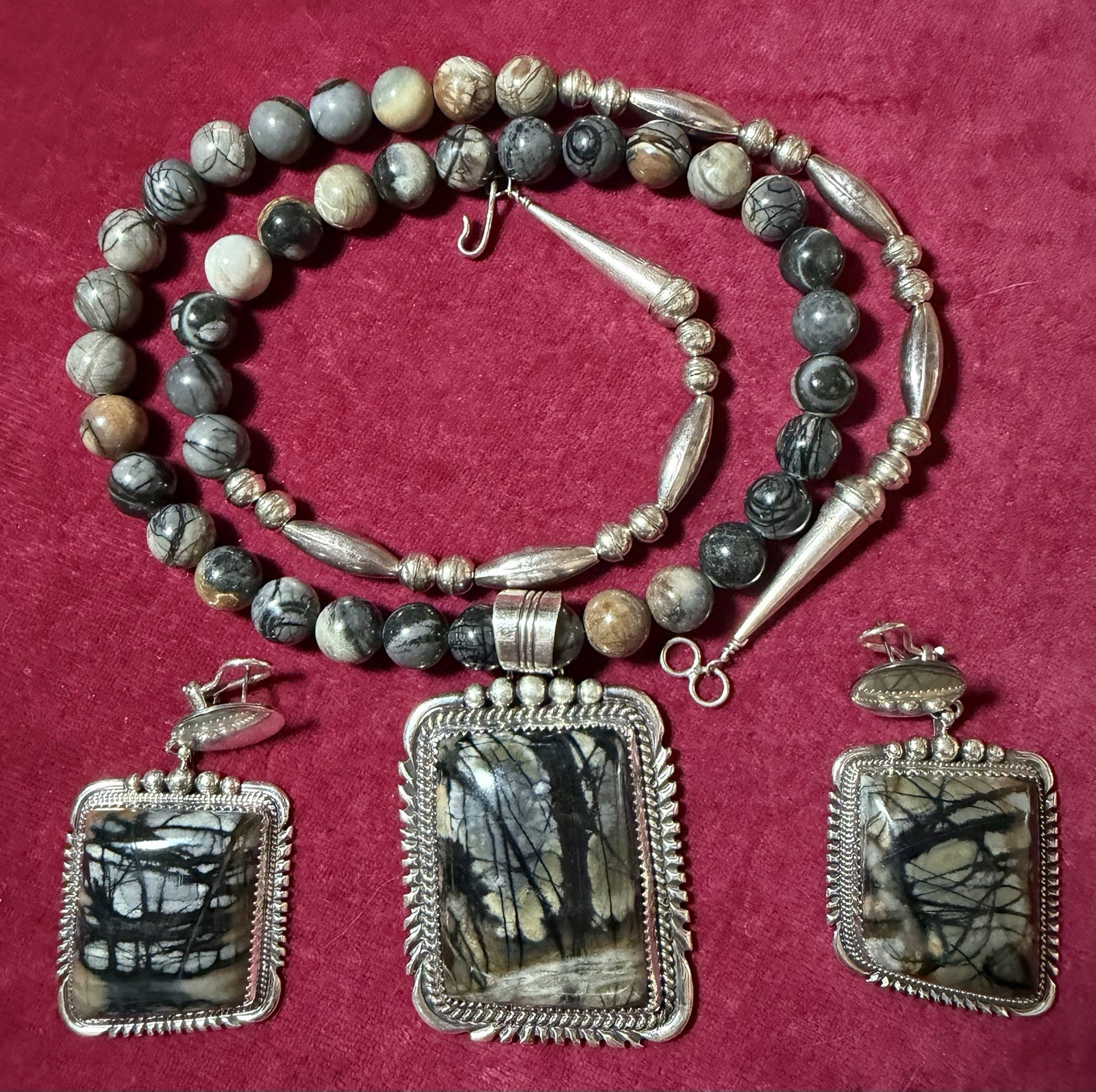 Vintage Navajo Picasso Jasper Sterling Silver Necklace Set Earrings AJ Hallmark