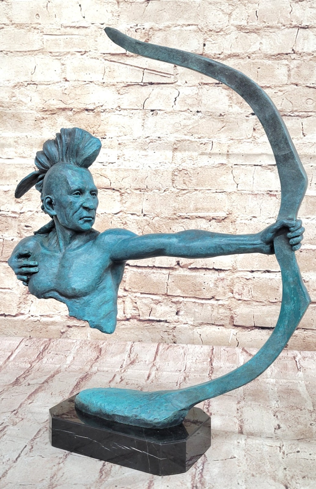 Signed American Indian Warrior Bronze Sculpture Art Figurine Statue Green Patina