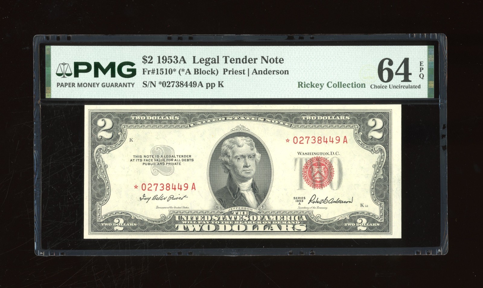 DBR 1953-A $2 Legal STAR Fr. 1510* PMG 64 EPQ Serial *02738449A DBR 1953-A $2 Legal STAR Fr. 1510* PMG 64 EPQ Serial *02738449A