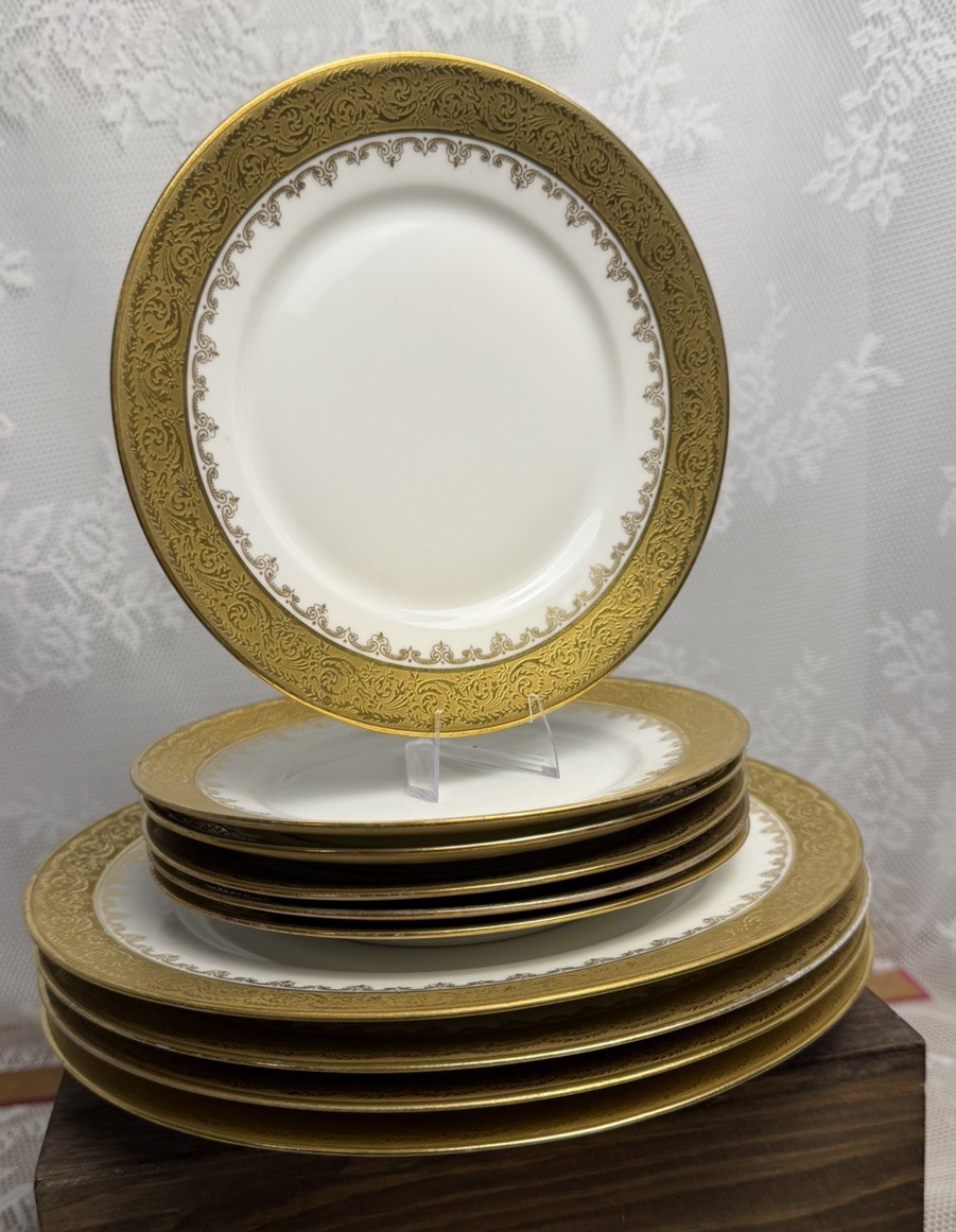 Antique Coronet Limoges Gold Encrusted Plates Set of 10 6.5” & 9