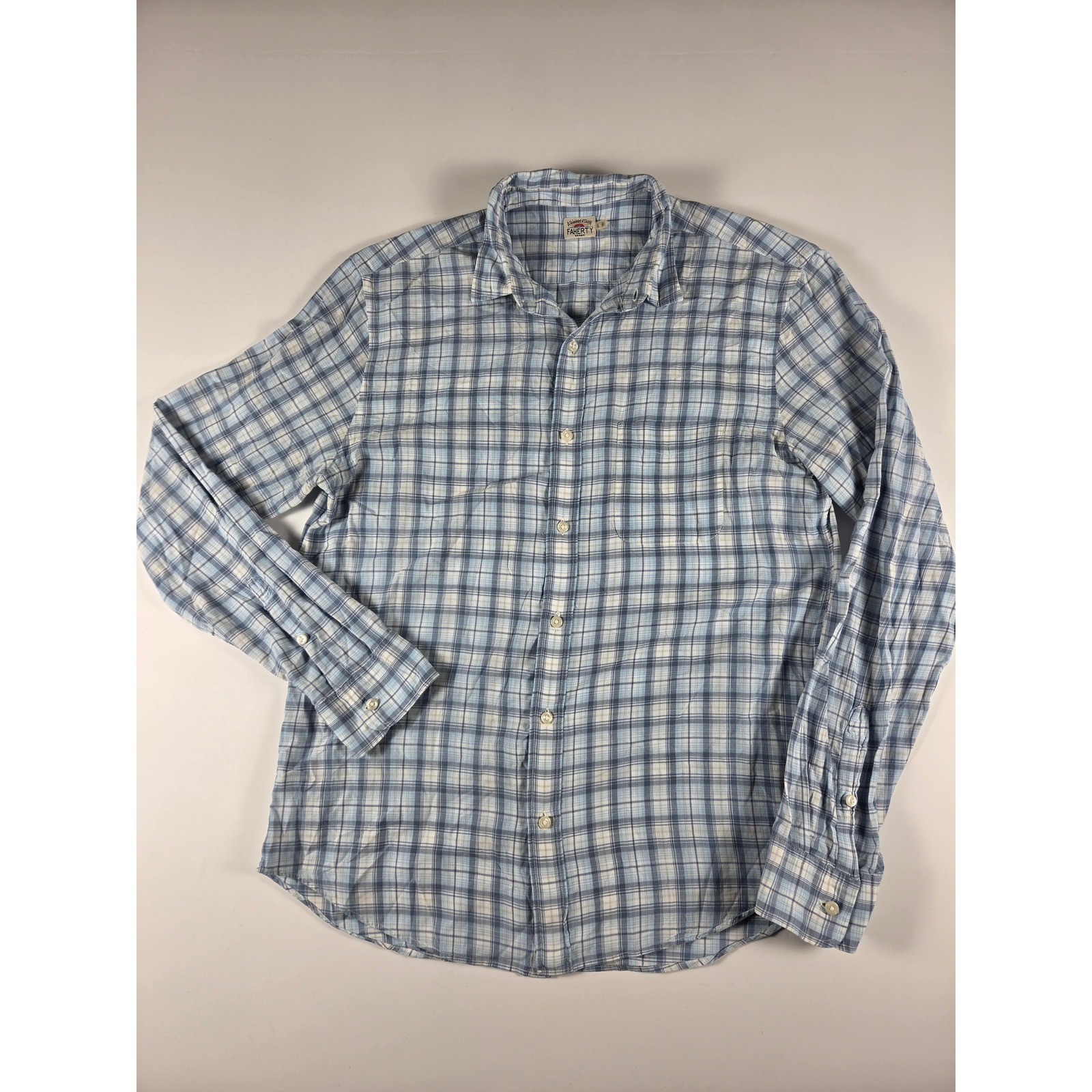Faherty Brand Mens Large Blue White Plaid Cotton Button Down Long Sleeve Shirt Faherty Brand Mens Large Blue White Plaid Cotton Button Down Long Sleeve Shirt